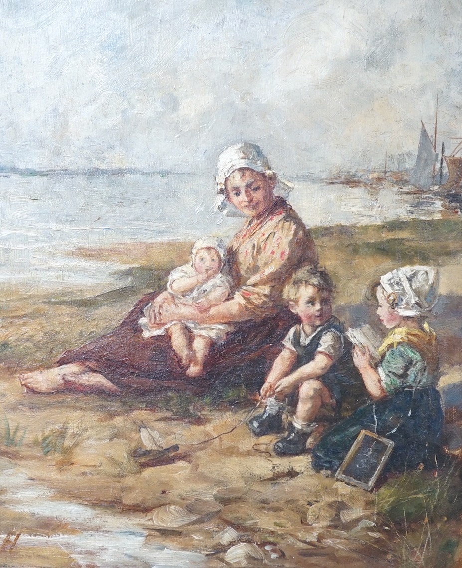 Circle of Robert Gemmel Hutchison, oil on canvas, Fisherman's family on the shore, initialled, 30 x 25cm